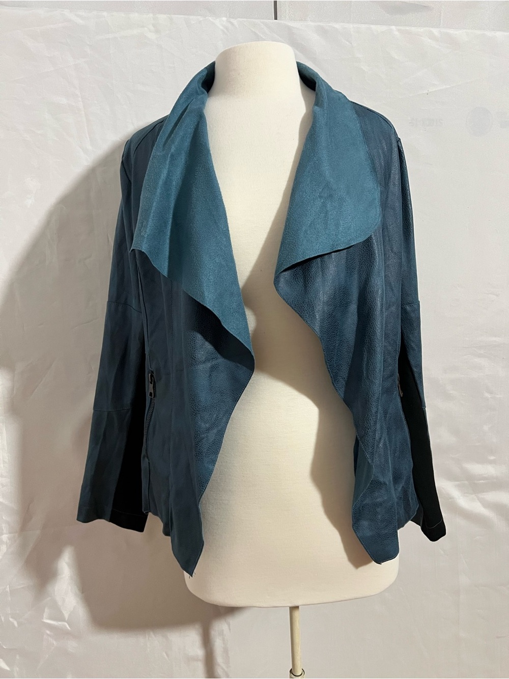 Kate & Mallory Teal Draped Open-Front Leather Jacket